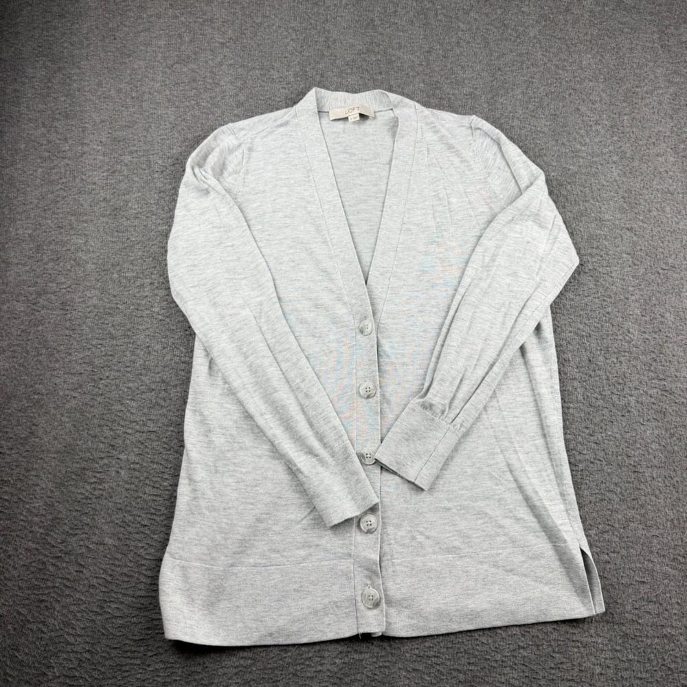 Loft Cardigan Sweater Womens‎ Medium Gray Button Front V-Neck Long Sleeve Knit